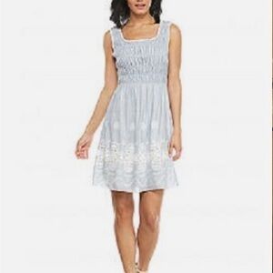 Max Studio Sophie Blue and White Striped Lace Smocked Sleeveless Dress